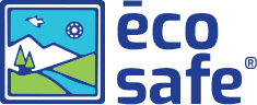 The eco-safe logo. a cartoon depiction of a blue background with mountains in the distance, trees and a river. Eco-safe is a dallas based pest-control company and exterminator